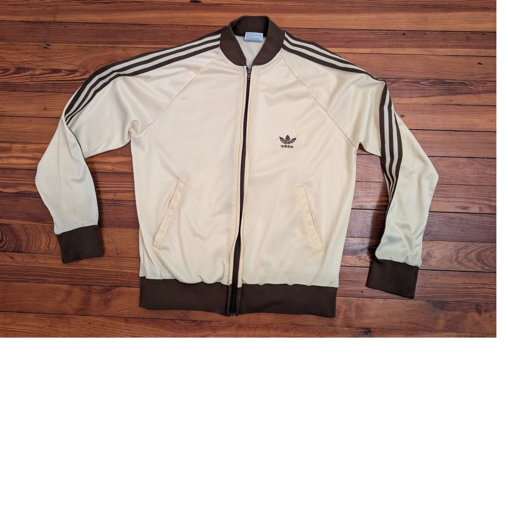 VTG Adidas ATP Keyrolan Track Jacket Cream Brown 3 Stripes Mens M Made in USA